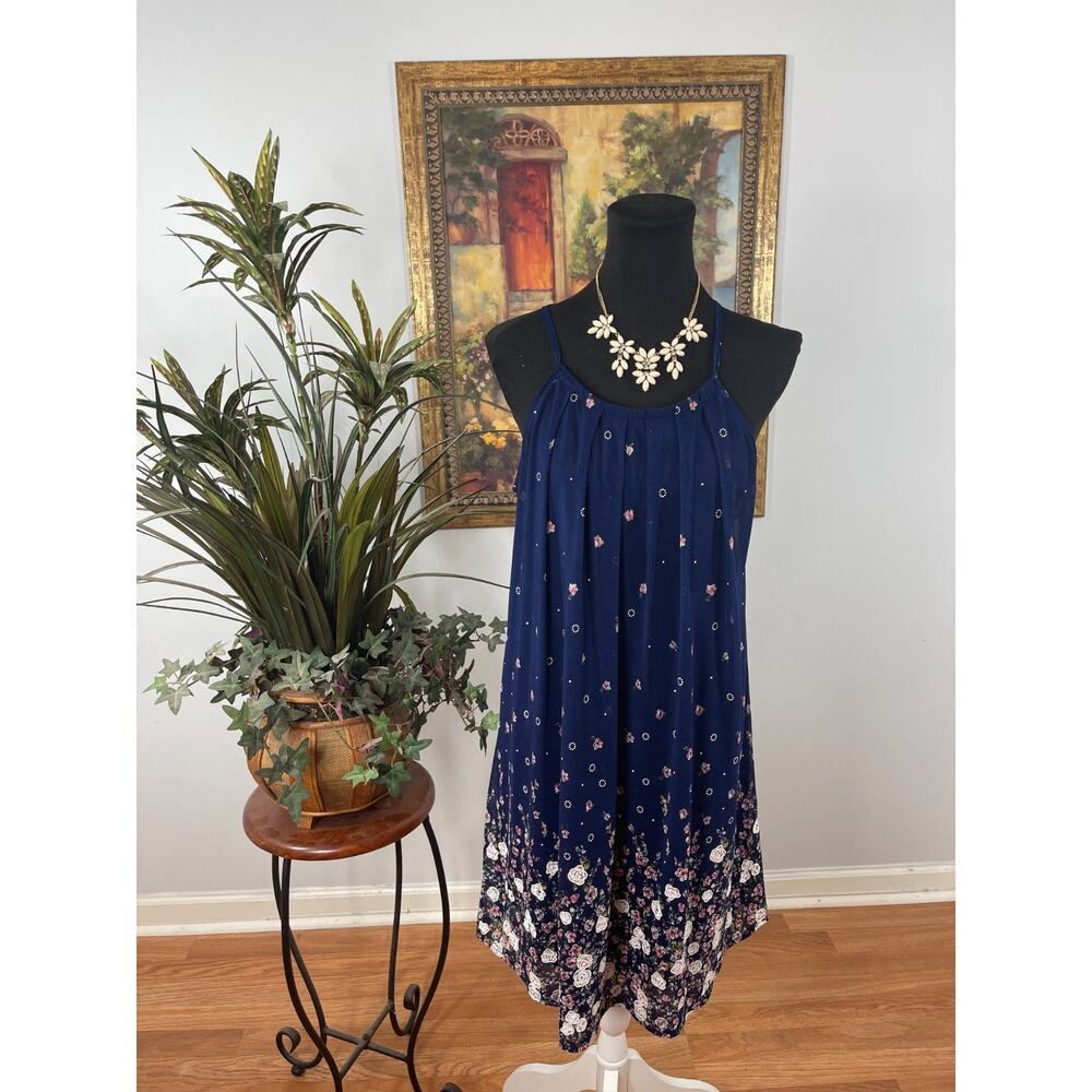 Siren Lily Tank Dress Women's M Navy Floral Spaghetti Strap Eclectic Chic Gothβ